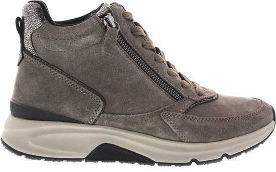 Gabor Rollingsoft veterschoen hoog in taupe suède met rits en metallic accenten op de hak.