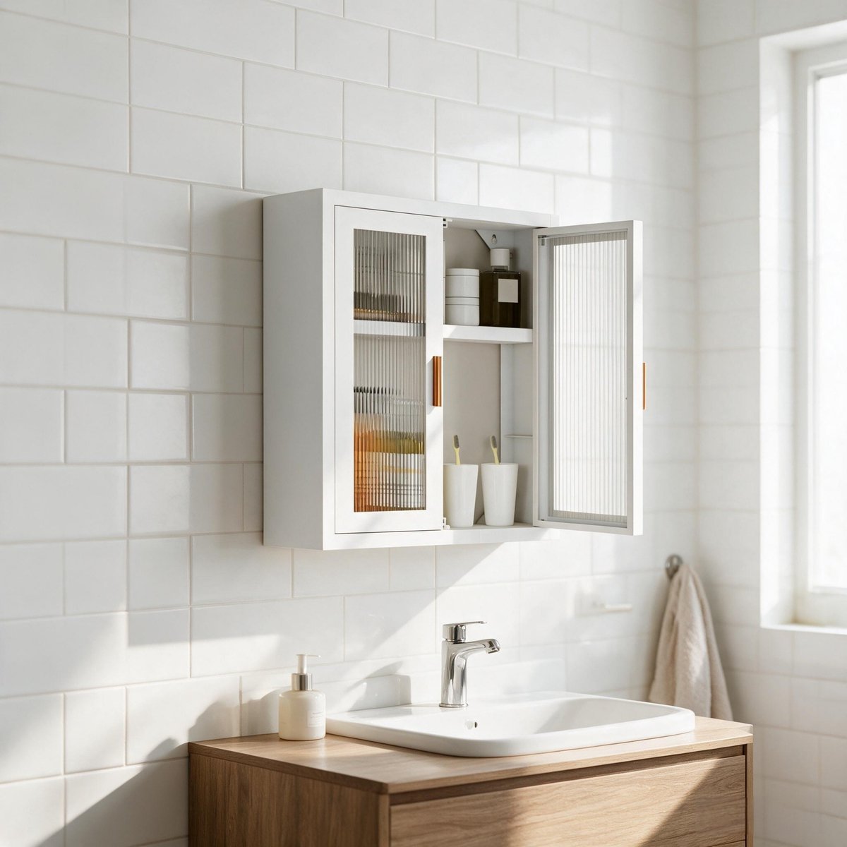 Witte Badkamerwandkast Met Twee Deuren - Verstelbare Legplank - Praktische Opbergruimte Voor Make-Up En Toiletartikelen - Metaal En Acryl