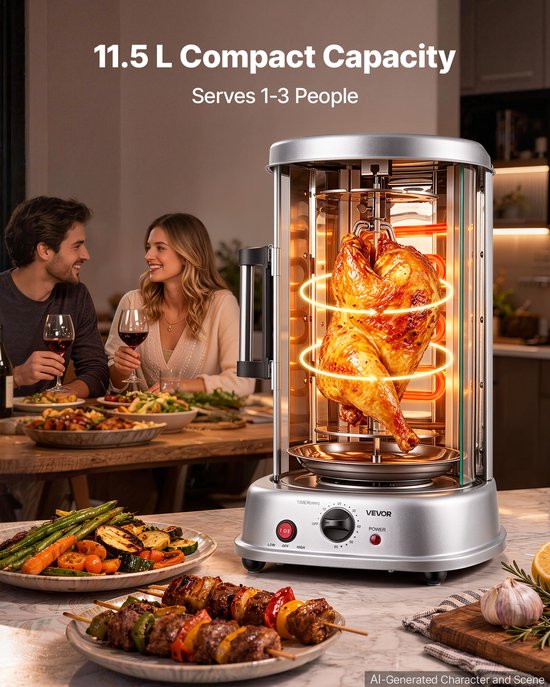 VEVOR Verticale Dönergrill 11,5 L 1500 W Gyrosgrill Kebab Shawarma Zilver voor Kleine Huishoudens, Maximale Temperatuur 190 °C, Timer 0–60 Minuten, Veiligheidsglazen Deur, Lekbak, Draaibare Vork en Spiesjes — afbeelding 5