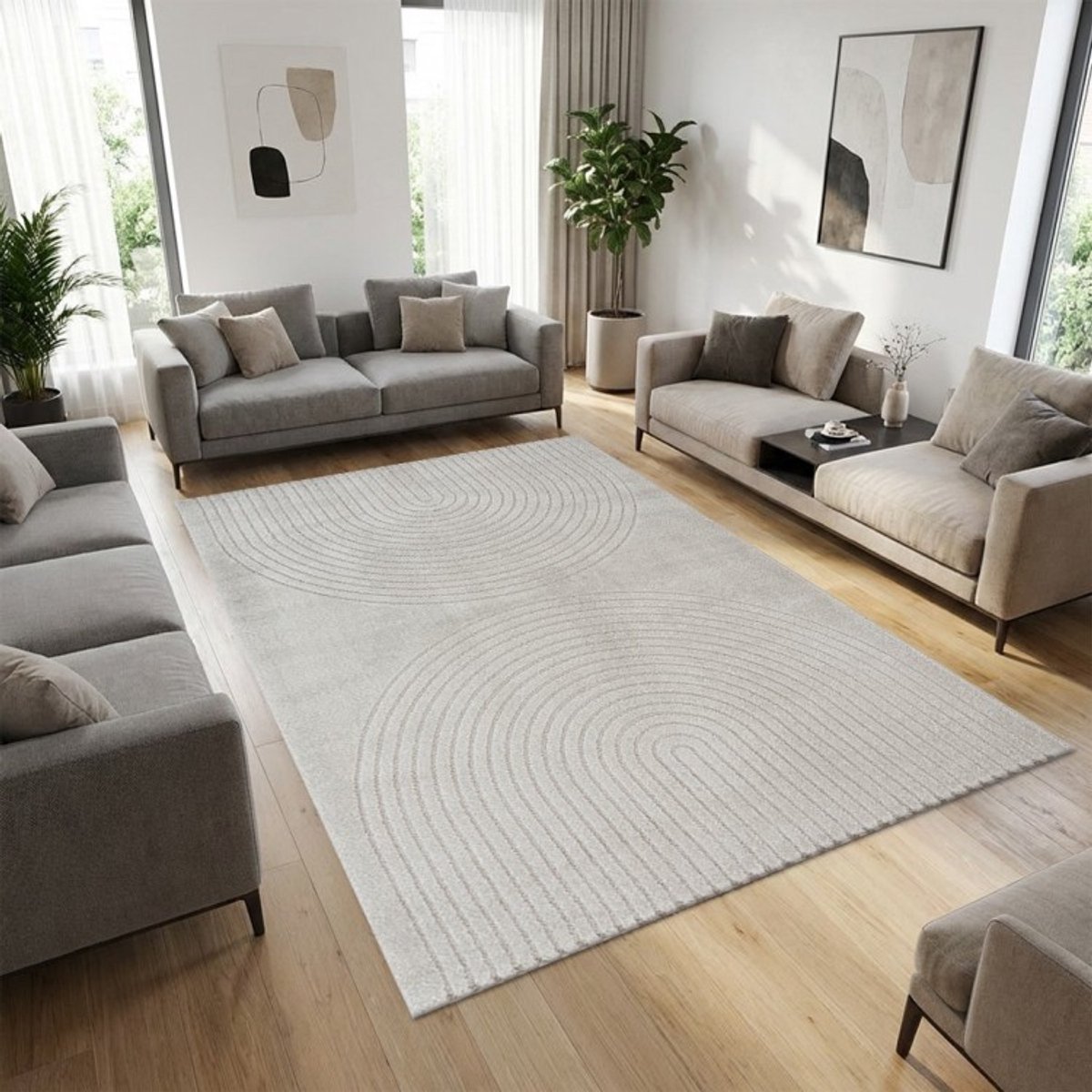 TapisTrend Designer tapijt Grijs 160x220 cm Modern vloerkleed met dubbele concentrische bogen in reliëf voor woonkamer, slaapkamer en eetkamer