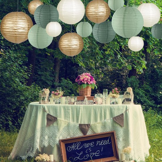 15 stuks papieren lantaarn - saliegroen papieren lampion - klassiek hangende papieren lantaarns - herbruikbaar - ronde lampenkap voor huisdecoratie, feesten, bruiloft en festivals — afbeelding 3