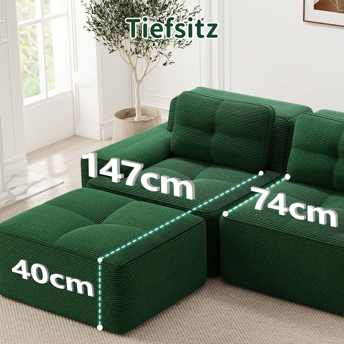 MUVANO Modulaire cloud bank - U-vormige bank met hocker - Comfortabele loungebank - Ribstof zithoek - 293x177x69cm - Diepe zit - Woonkamer Groen