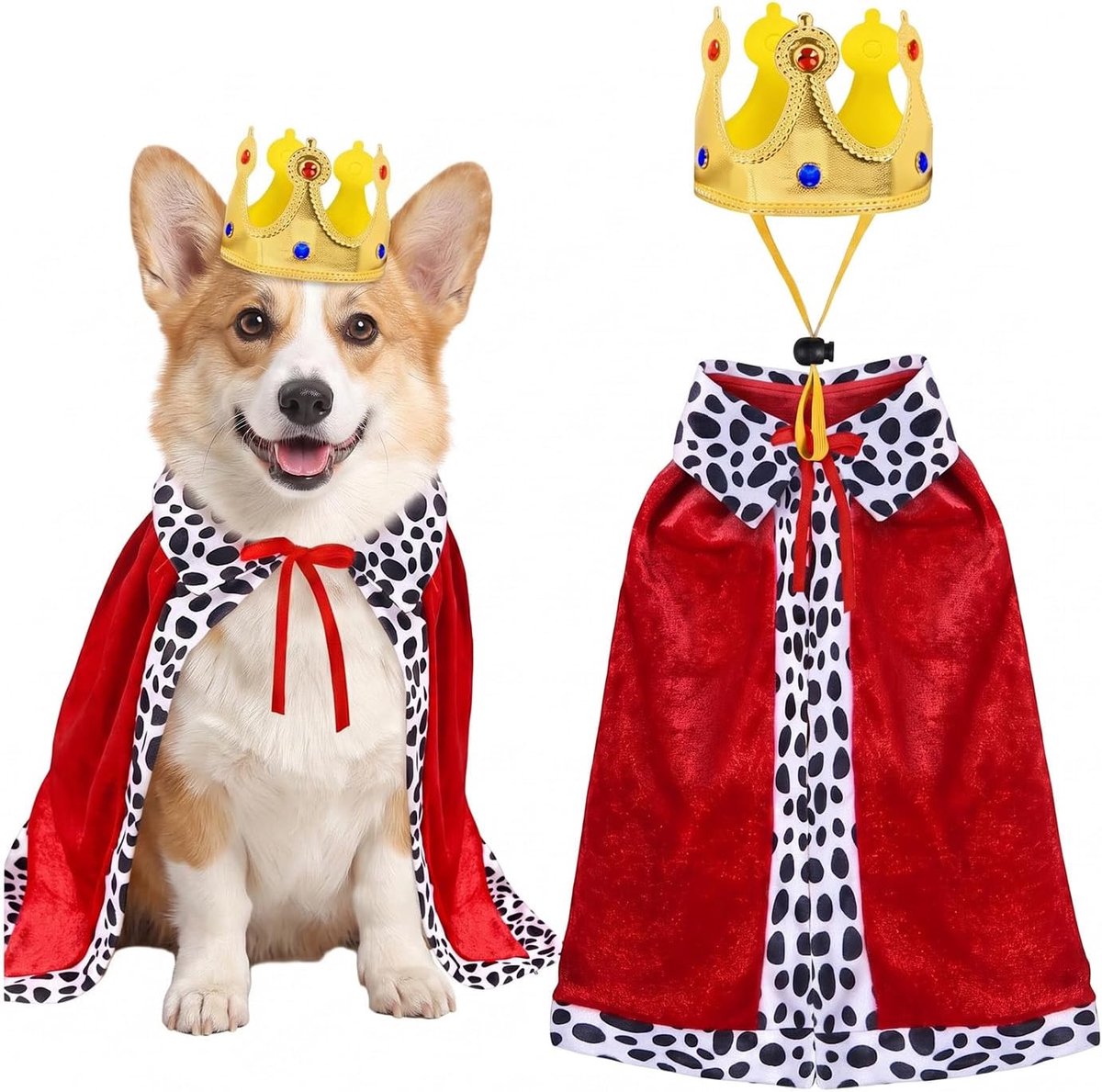Koningskostuum voor hond en kat, rode cape met verstelbare kroon (40 cm), Halloween-kostuum en feestpak voor kleine huisdieren, zachte en comfortabele cosplay-accessoires voor kittens en