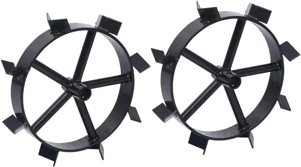 Wielen voor 6,5 pk benzine tuinfrees, set van 2 vrachtwagens voor grondhaken, 34 cm diameter, antislip ijzeren wielen voor modderige bodem