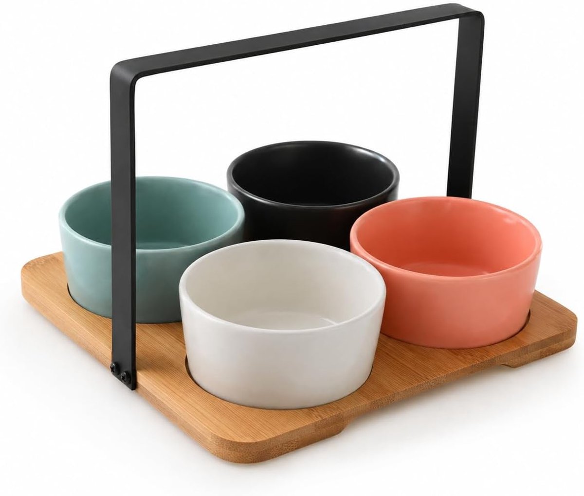 Aperitiefset van porselein met bamboe dienblad voor voorgerechten, snacks en tapas (set van 4 schalen)