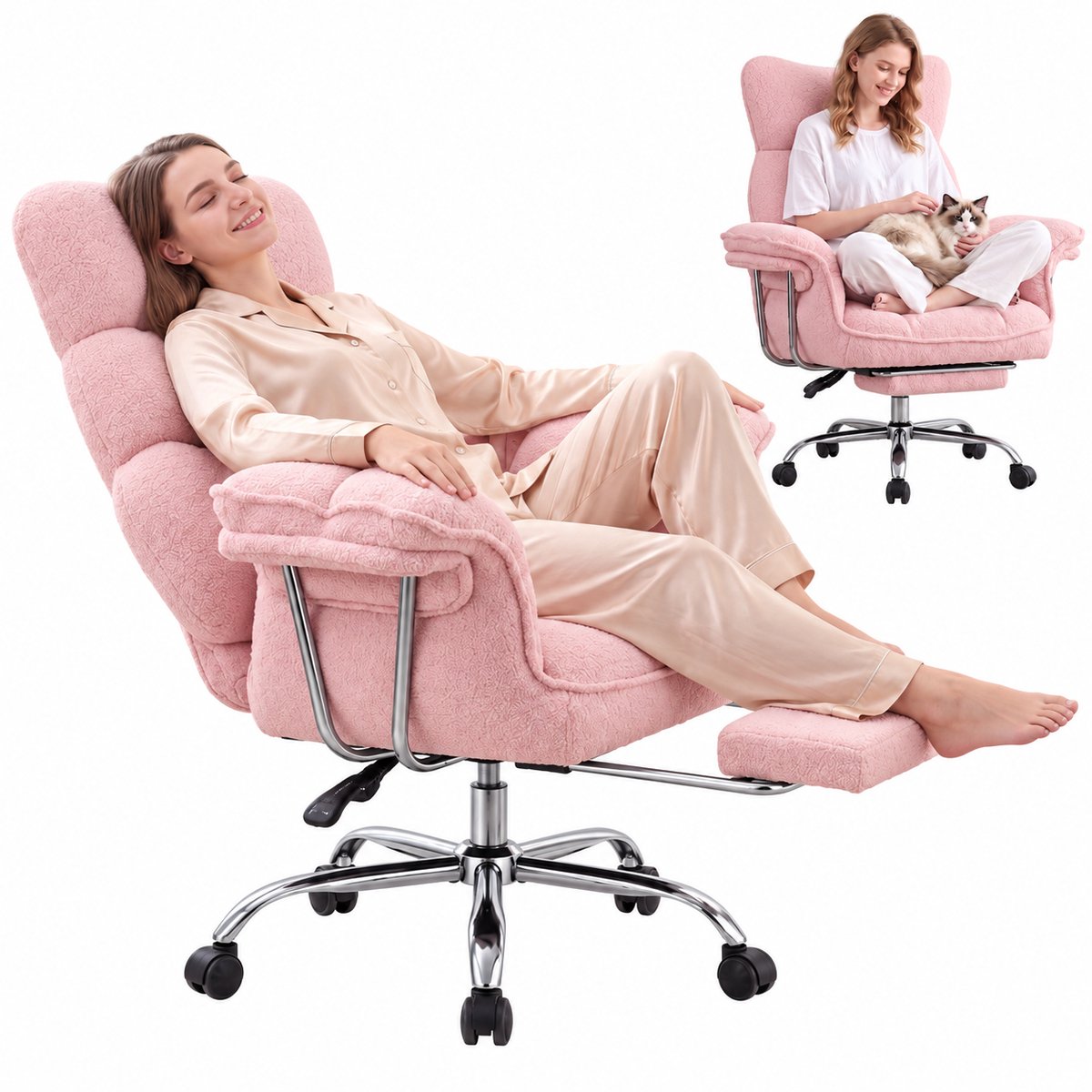 Dowinx Game stoelen - Gamestoel roze - Ergonomische Gamestoel - Grote Bureaustoel - Gamestoel met voetsteun - Verstelbare Gamingstoel - Tot 181 kg - Game bureaustoel chair - Teddy fleece