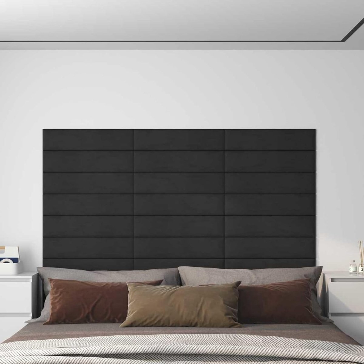 Set van 12 fluwelen wandpanelen, zwart, rechthoekig wandhoofdeinde met houten basis, modern design voor slaapkamer, eenvoudige montage vereist