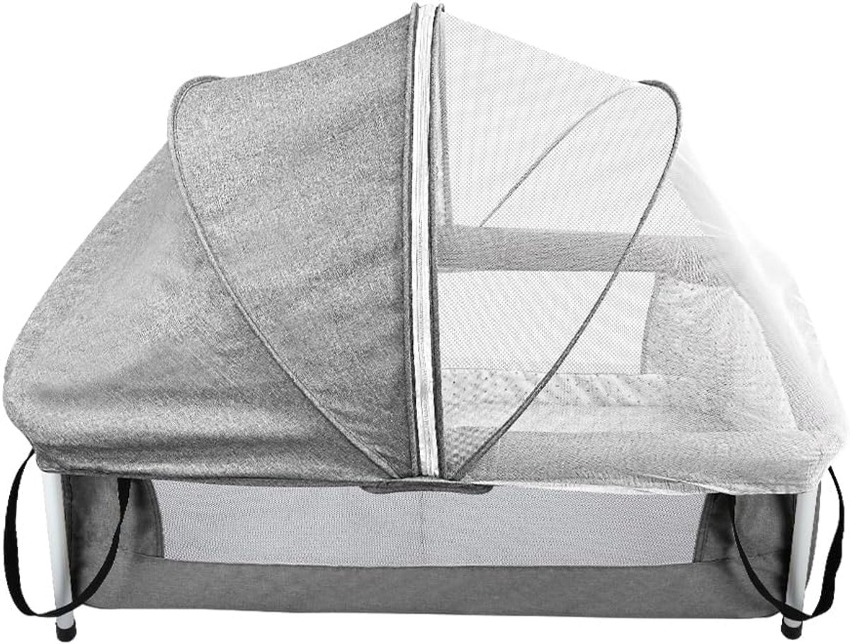 Babybedden met muggennet, bijzetbed met wieltjes, reisbed voor baby's, babyspeelbed, in hoogte verstelbaar, draagbaar reisbed voor kinderen (inklapbaar grijs)