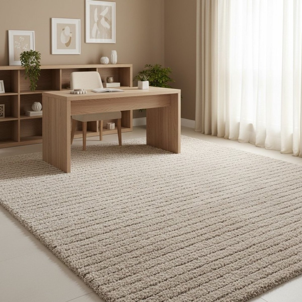 TapisTrend Harig tapijt Beige 140x200 cm hoogpolig vloerkleed met fijne horizontale strepen en een textuur voor de woonkamer en slaapkamer