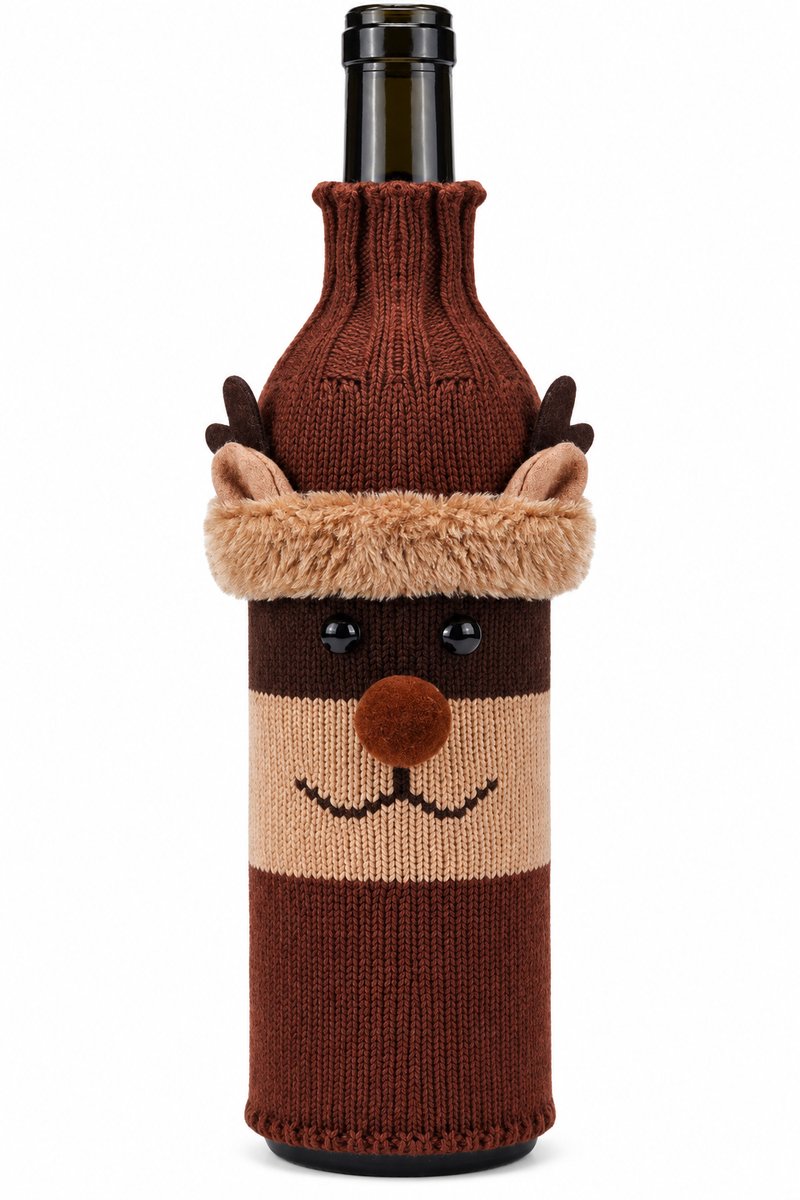 Nina’s Giftshop® Kerst Wijnzak met Rendier – Wijnfles Geschenkzak – Gebreide Wijnfles Hoes – Kerst Cadeau – Sinterklaas Cadeau – Kerstdecoratie
