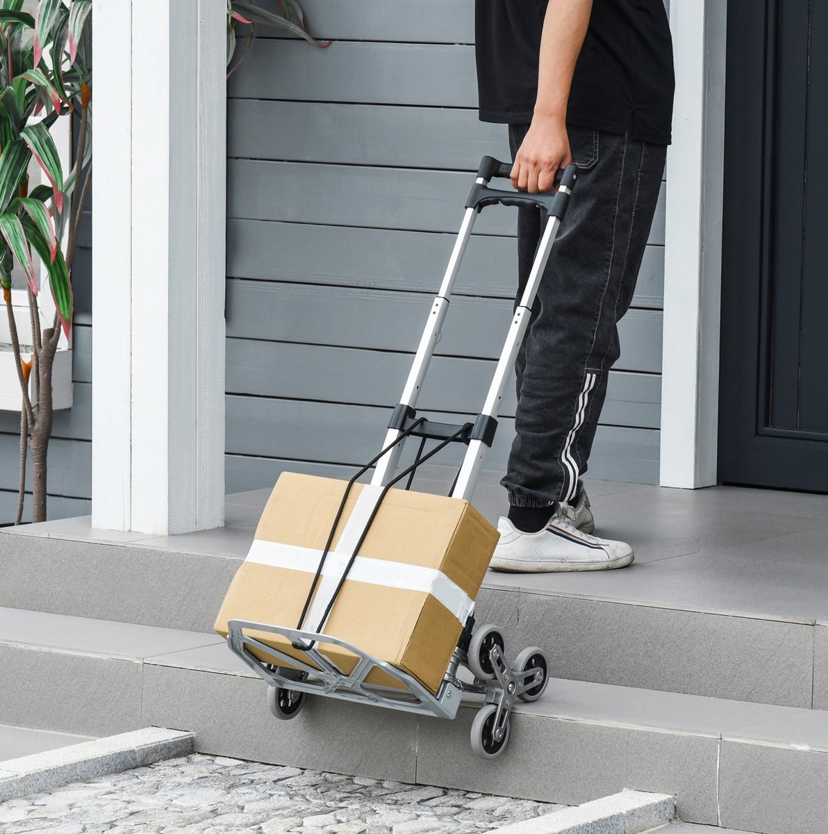 REDOM - Opvouwbare steekwagen - 6-wielensysteem voor trappen - Spanband - Telescopische verstelbare greep - Aluminium - Zilver - 70 kg - 47 x 47 x 100 cm