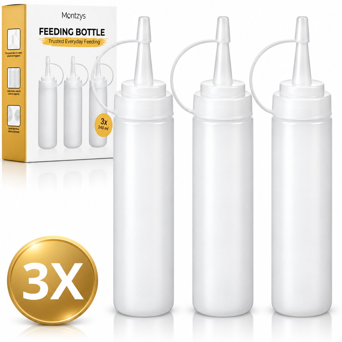 Montzys® Doseerfles Set 3 Stuks - 240 ml Knijpfles & Sausfles voor Saus, Beslag & Poffertjes - Plastic Knijpflesjes met Dop - Hervulbaar & Vaatwasserbestendig