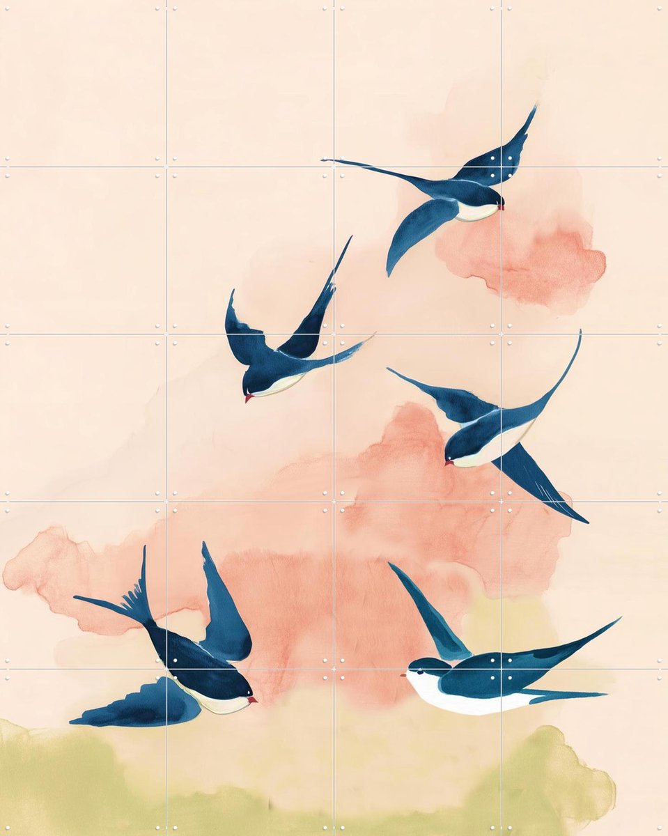 IXXI Swallows In Soft Flight, Branka Kodžoman - 80 x 100 cm - Gratis ophangtool - Grote wanddecoratie en posters - Aquarel, Fantasierijk, Gang