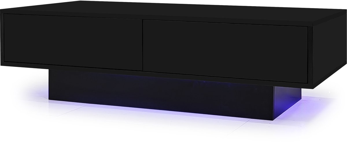 Salontafel Hoogglans – LED Salontafel met 2 Lades en Opbergruimte – Draagvermogen 30 kg – 115 x 55 x 34 cm - Zwart