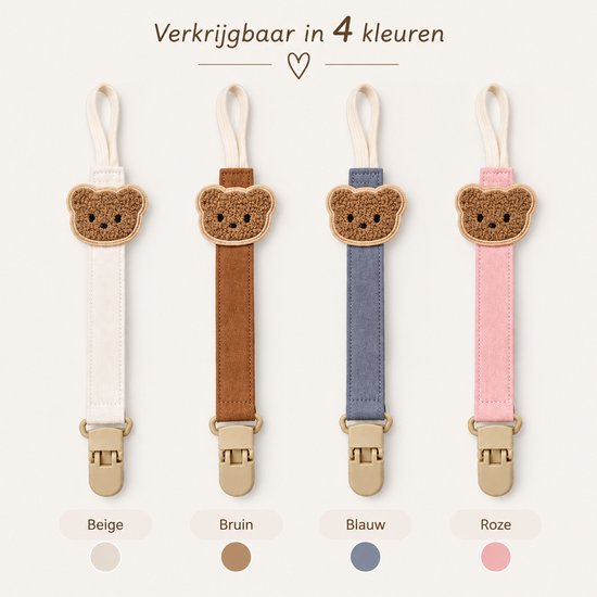 Vier speenkoorden in beige, bruin, blauw en roze, elk met teddybeerapplicatie en clip.