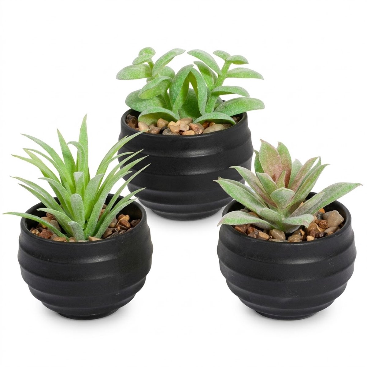 NUVEX Groene kunstplanten vetplanten in witte potten 3 stuks – mini kunst planten met verschillende bladvormen en decoratieve steentjes – nep planten voor bureau tafel vensterbank boekenplank kantoor en woonkamer Groen, wit, bruin