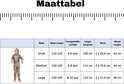 Maattabel voor mummie-kostuum met maten, leeftijden en afmetingen in cm.