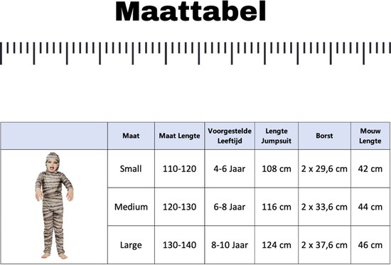 Maattabel voor mummie-kostuum met maten, leeftijden en afmetingen in cm.
