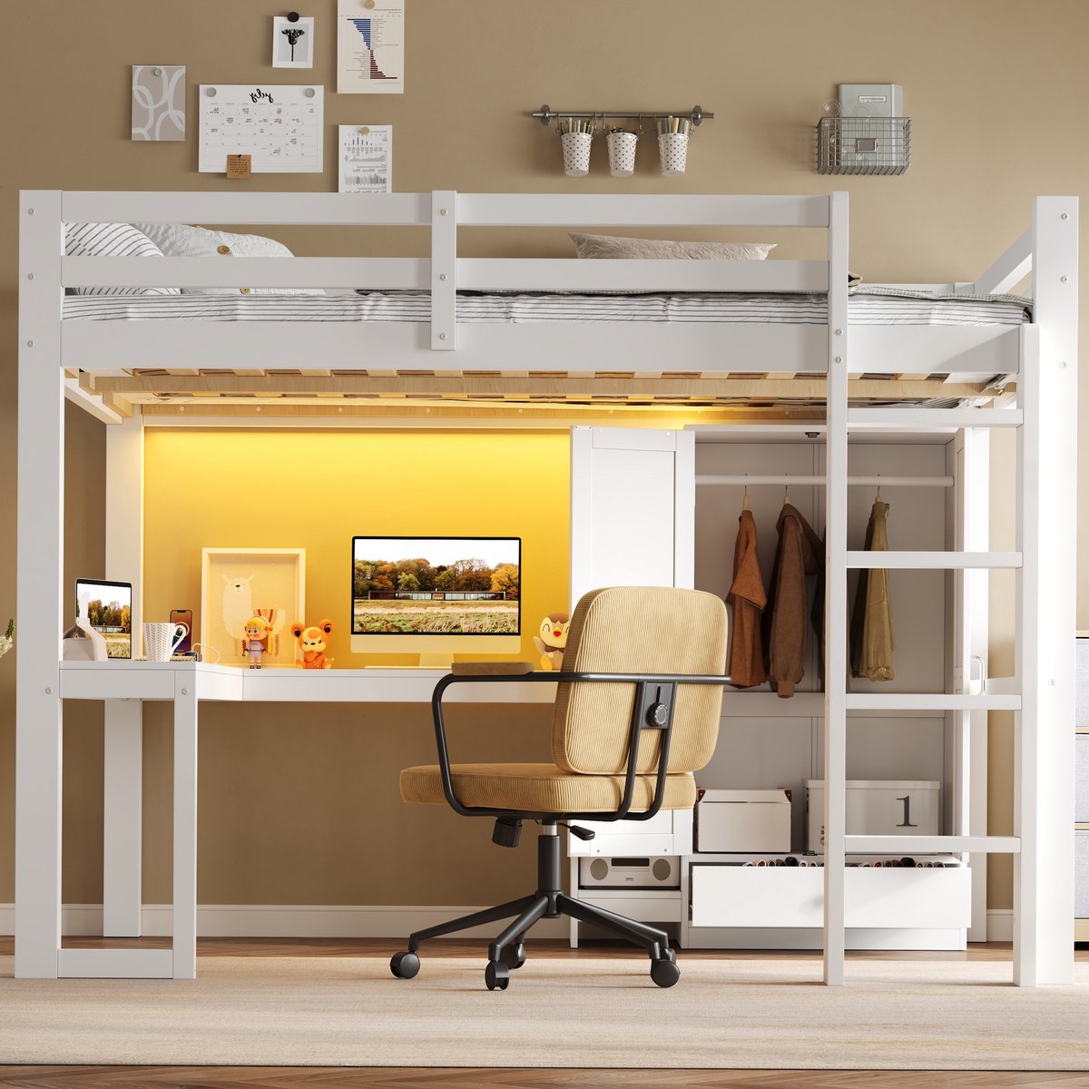 Wishdor Hoogslaper 140x200 cm - Geïntegreerd bureau en kledingkast - Open vakken en trap - LED-verlichting met USB-aansluiting - Kinderkamer slaapkamer - MDF en hout - Wit