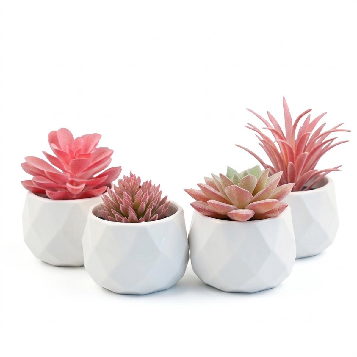 NUVEX Roze groene kunstplanten vetplanten in witte potten 4 stuks – mini kunst planten met verschillende bladvormen – decoratieve nep planten voor bureau vensterbank boekenplank slaapkamer kantoor en badkamer