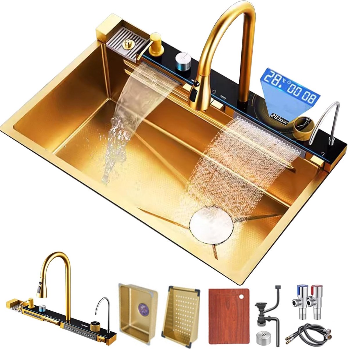 Digitale watervalspoelbak met bekerwasser, zeepdispenser, Flying Rain watervaluitgang, tafelbediening en andere functies (goud, 85 x 46 x 22 cm)