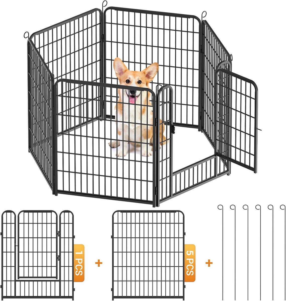 Hondenhok voor binnen, hondenhok voor buiten, verstelbaar, omheining voor huisdieren met 6 metalen platen, kooi voor honden, katten en konijnen, 65 x 80 cm