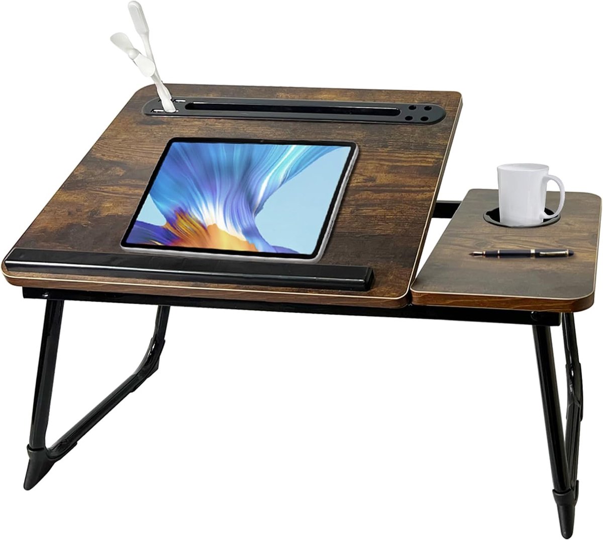 Laptopbureau voor bed, verstelbare laptopstandaard met 5 verschillende hoeken, draagbare schootlade tafel met USB-oplaadpoort en bekerhouder, laptopbed bureaulade voor eten, werken, schrijven (rustiek