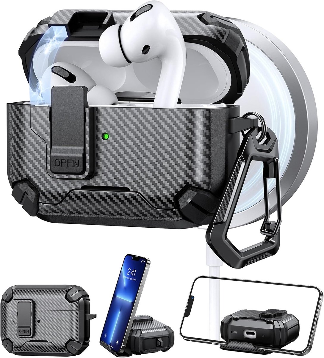 Hoes voor AirPods Pro 2 (2023/2022/2019), Beschermhoes Cover voor AirPods Pro 2e/1e Generatie (USB-C/Lightning), Schokbestendige TPU + PC Case met Karabijnhaak, Zwart
