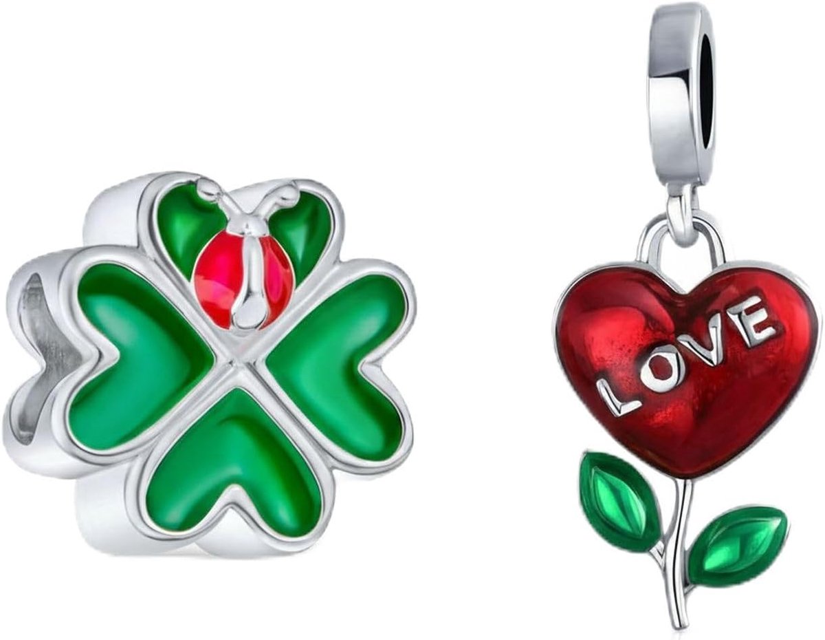 Set van twee Valentijnsdag woord liefde groeit rode bloem hart bengelen & geluk 3D rode lieveheersbeestje emaille groen hart klavertje bedel voor vrouwen emaille .925 sterling zilver past Europese