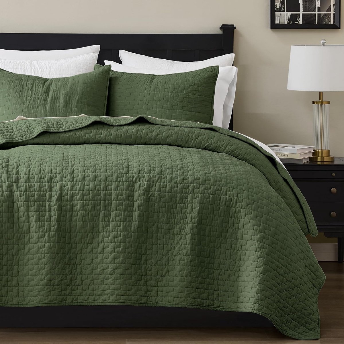 Palassio Olijfgroen 100% katoenen dekbed kingsize beddengoed sets met 2 kussenslopen, gestructureerde lichtgewicht zachte sprei shabby chique sprei, gewatteerde dekbedovertrek voor het hele seizoen,