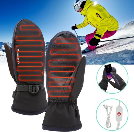 Zwarte wanten met paarse accenten en verwarmingslijnen, een skiër op de achtergrond.