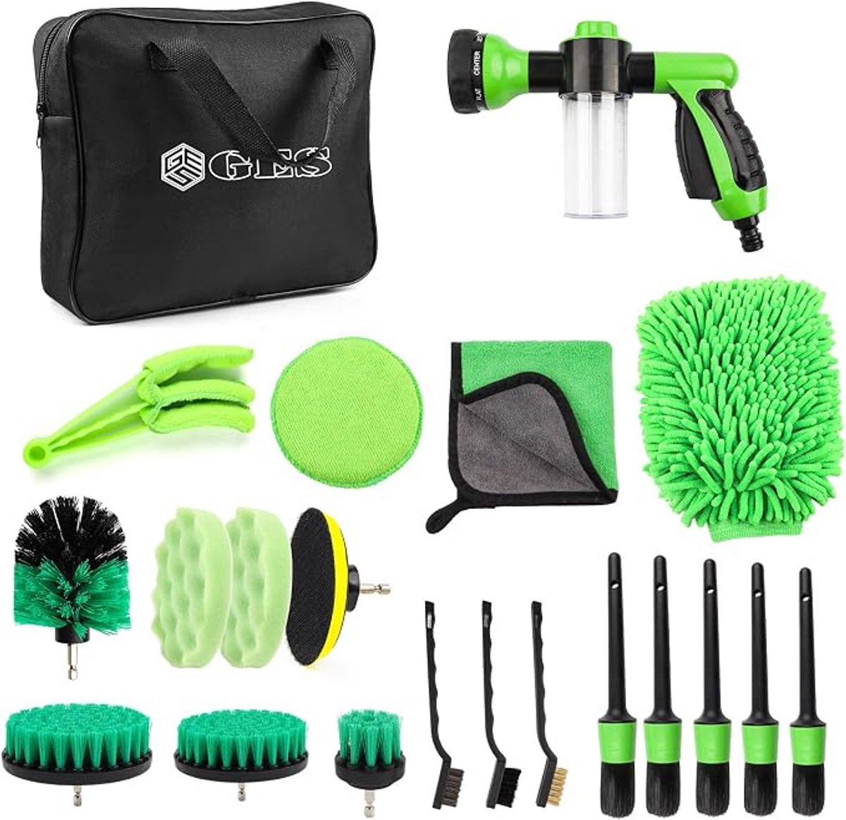 Auto Wasschuim Sproeier Set 21-delig – Schuimmondstuk & | Interieur & Exterieur | Met Opbergtas | Groen