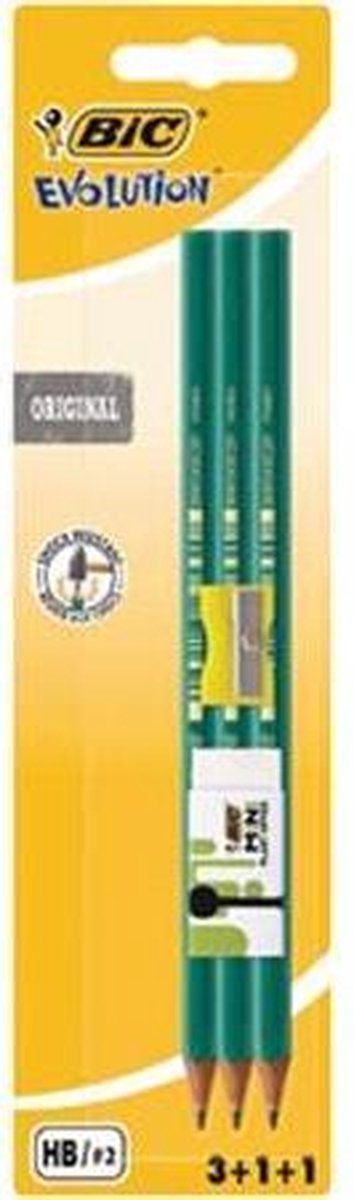 Bic potlood Evolution 650, 3 stuks + gum + slijper, op blister