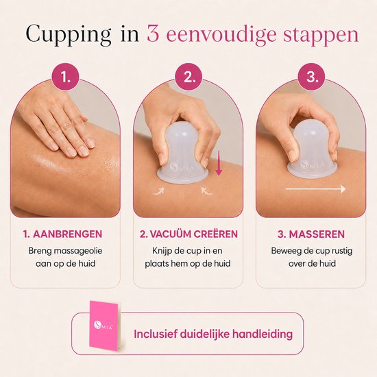 Cupping in 3 stappen: 1. AANBRENGEN: Breng massageolie aan op de huid. 2. VACUÜM CREËEREN: Knijp de cup in en plaats hem op de huid. 3. masseren: Beweeg de cup rustig over de huid. Inclusief duidelijke handleiding.