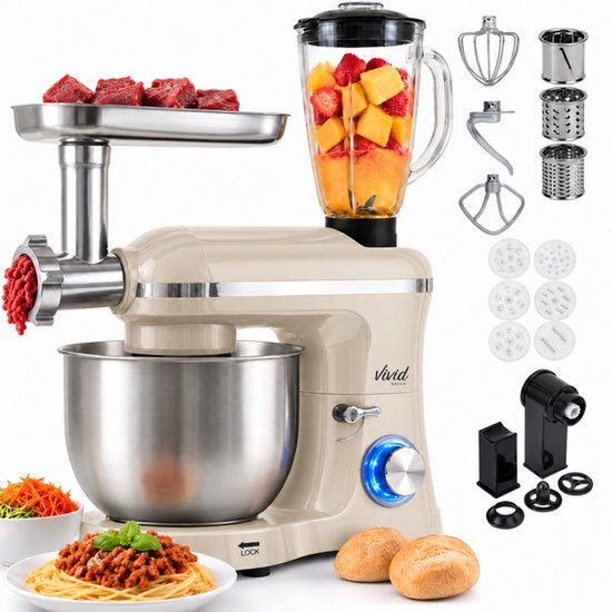 Vivid Green 2000W Keukenmixer - Vleesmolen, Blender & Pastamachine - Geschikt voor Zwaar Deeg - 6,2L Mengkom - Keukenmachine - Keukenrobot - Crème