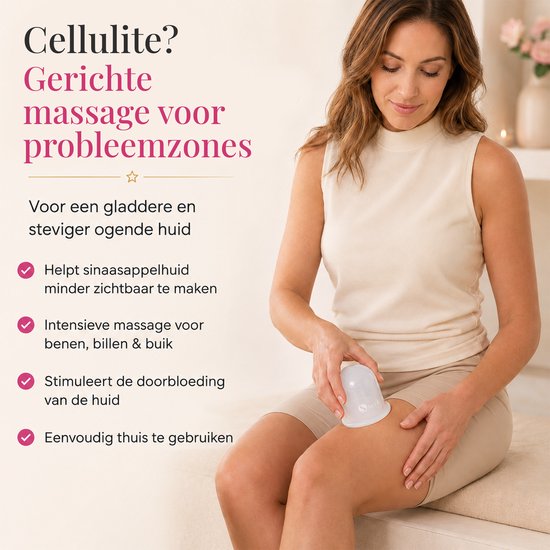 Vrouw met een cupping cup op haar bovenbeen, voor massage tegen cellulite.