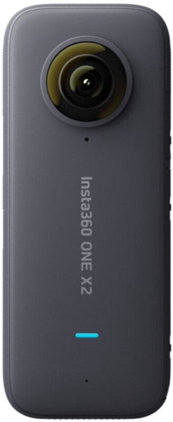 Zwarte Insta360 One X2 actioncam met dubbele lenzen, verticale tekst 'Insta360 ONE X2'.