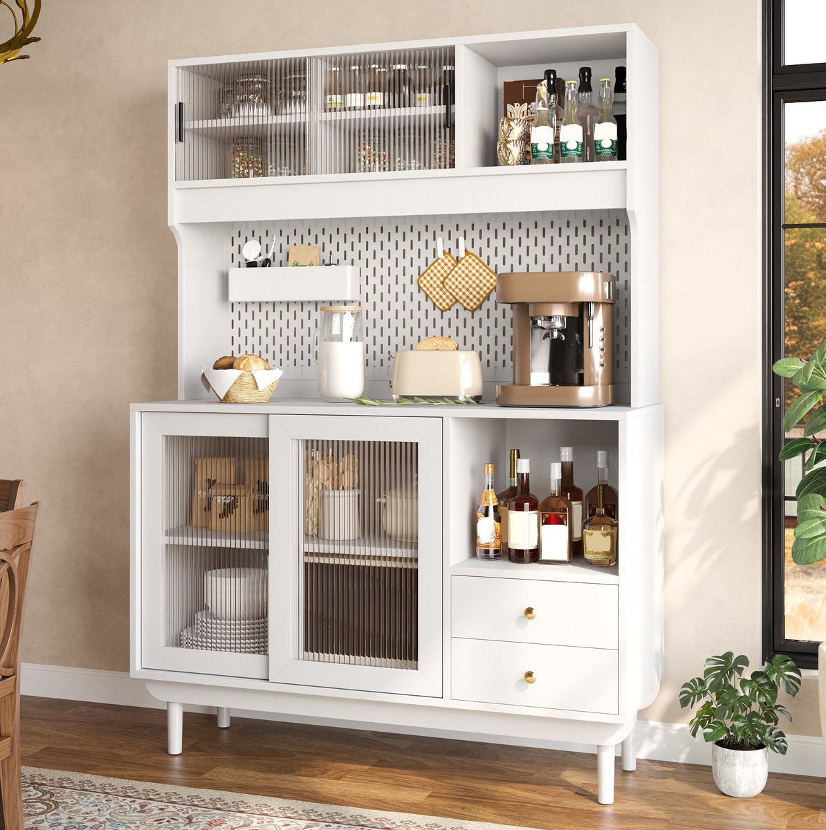 Keukenkast - Vier Schuifdeuren Van Geribbeld Glas En Twee Laden - Voor Keuken En Eethoek - MDF En Spaanplaat - 117x30x170 Cm - Wit
