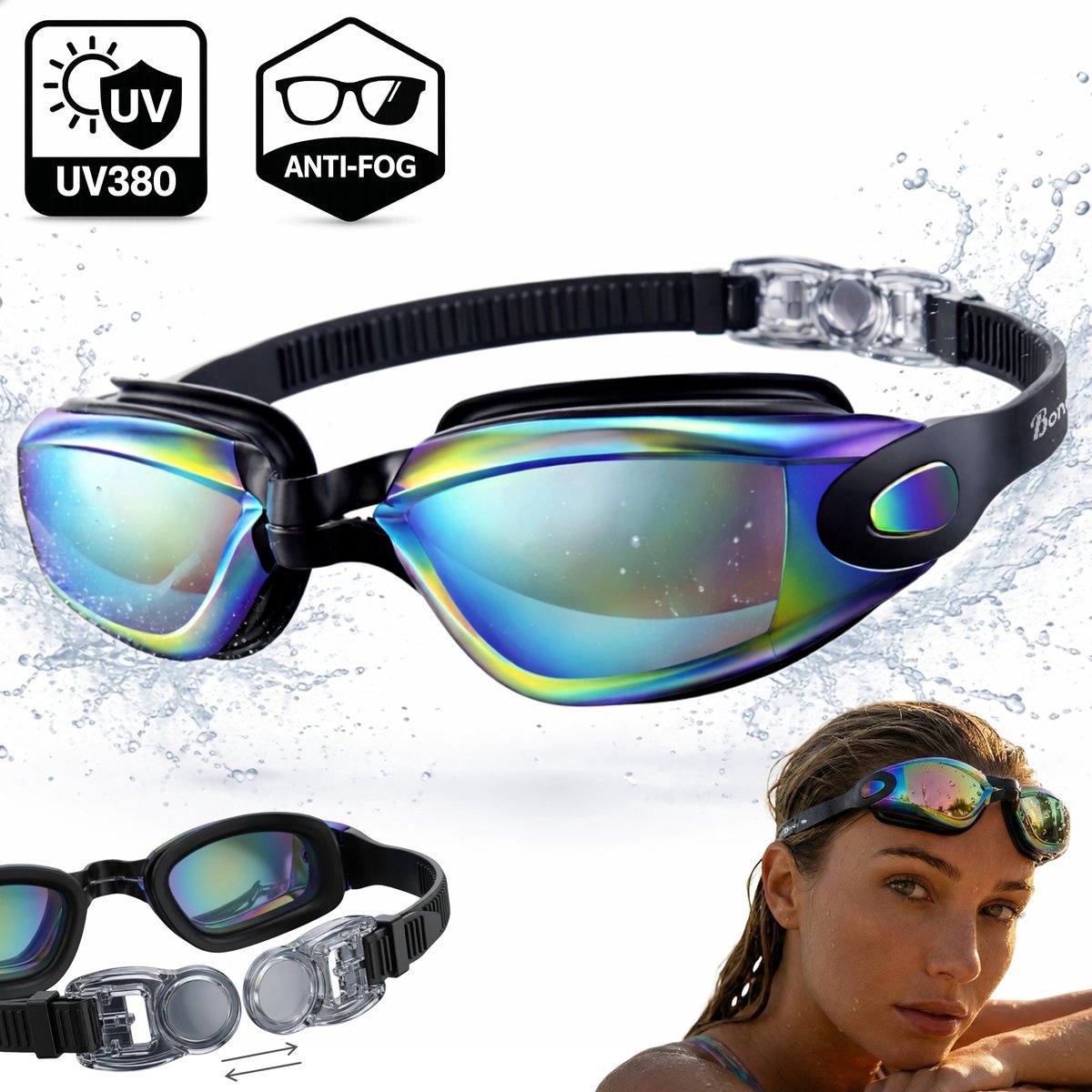 Boncy® Premium Zwembril - Duikbril met UV Bescherming & Anti Condens - Verstelbare Zwembril voor Volwassenen & Kinderen Kind - Zwembrillen voor Dames & Heren