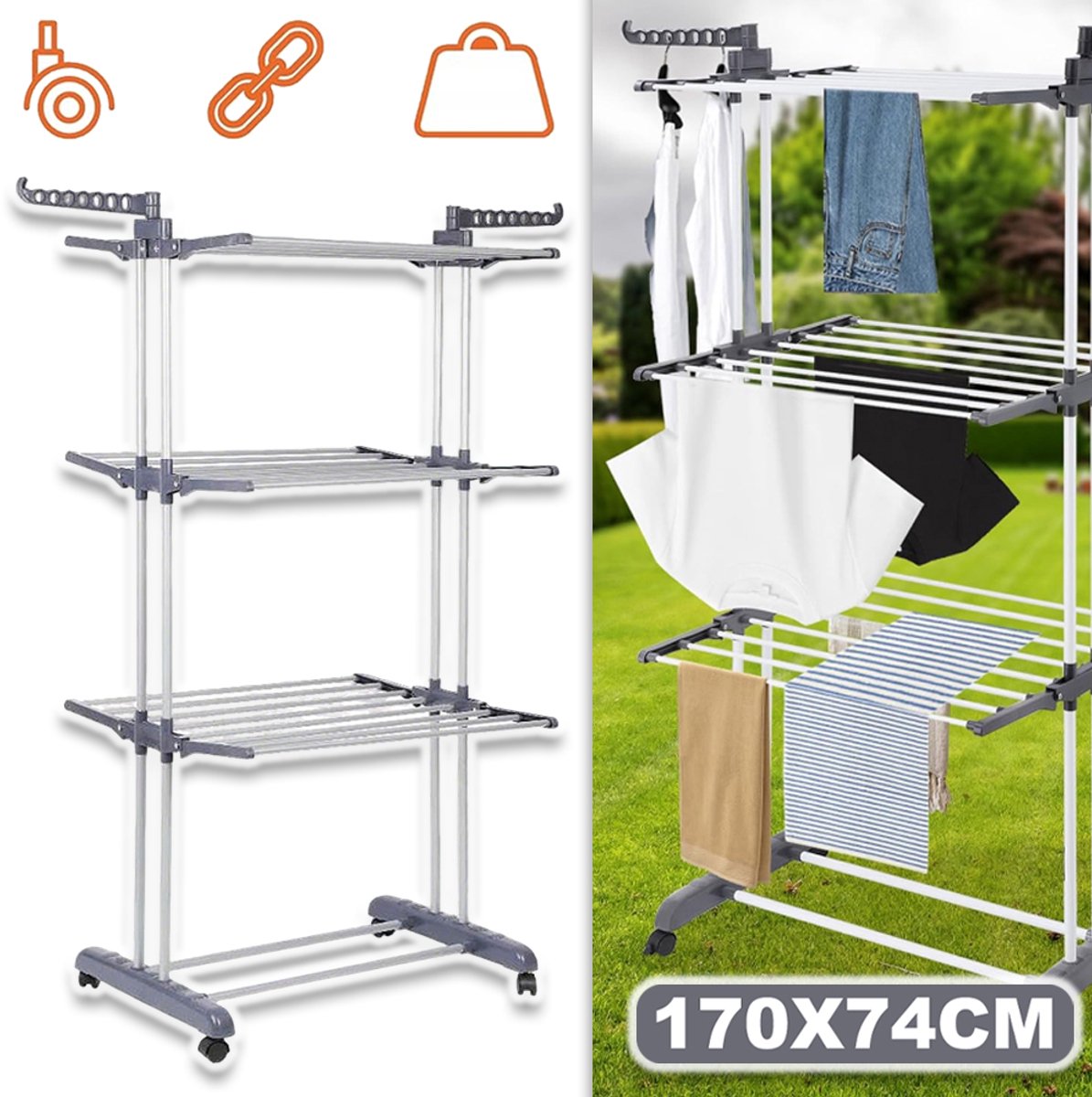2 Zijhaken En Vergrendelbare Remmen – 4-Laags Wasdroogrek Met Wielen – Stevig Metalen Frame En Snelle Montage In 10 Minuten – Plat Op Te Vouwen – Voor Binnen En Buiten