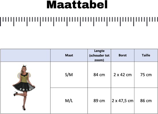 Maattabel voor bijenkostuum voor dames met maten, lengte, borstomvang en taille in centimeters.