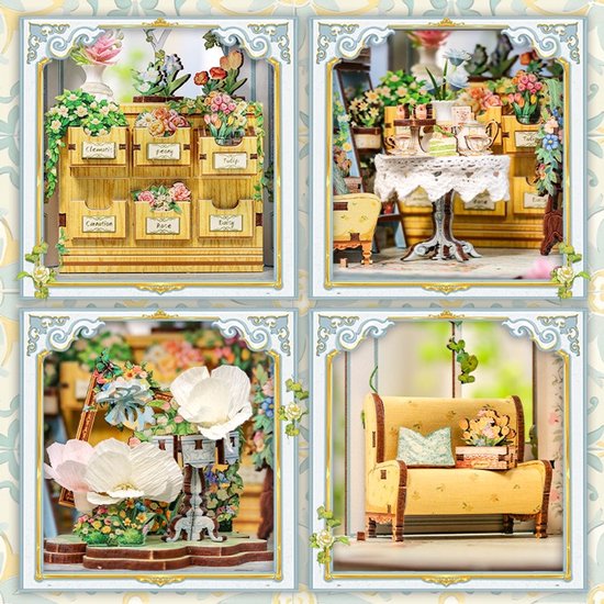 Gedetailleerde close-ups van miniatuurscènes: bloemenrek, theetafel, bloembed en fauteuil.