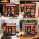 Vier afbeeldingen van het miniatuur 'Uncle Joe's Pizzeria' model, geplaatst in verschillende huiselijke omgevingen.