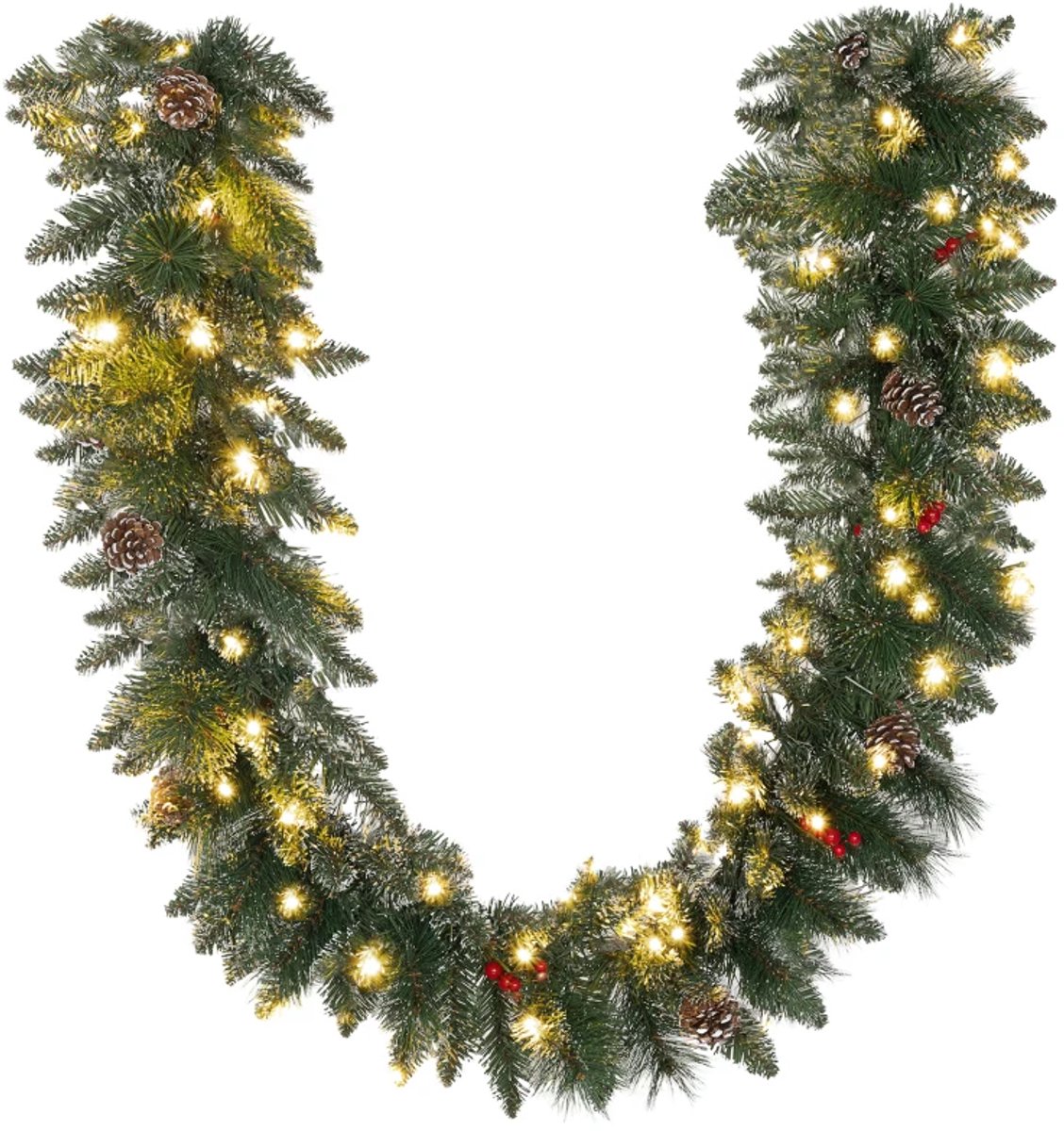 Sello! guirlande – kerstslinger – groenslinger – 50 led lichtjes – sneeuw – dennenappels – rode besjes – timer - 180 × 30 × 30 cm