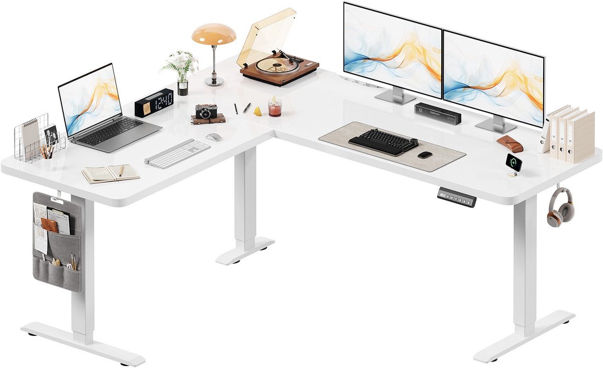 Devoko Elektrisch Verstelbaar Hoekbureau 160 × 140 cm – L-vormig Zit-Sta Bureau met 20 mm Dik Bureaublad – 100 kg Draagvermogen, 3 Geheugenstanden en Kabelmanagement – Wit