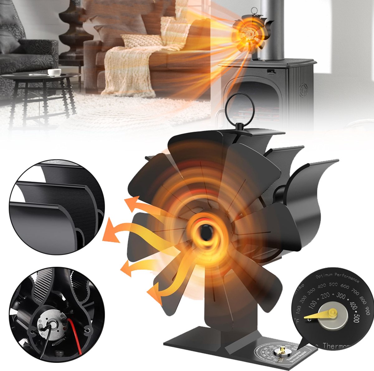8 Bladen Houtkachelventilator - Houtkachel Warmte-Aangedreven Vuurventilator - Open Haard Ventilator - Met Temperatuurmeter