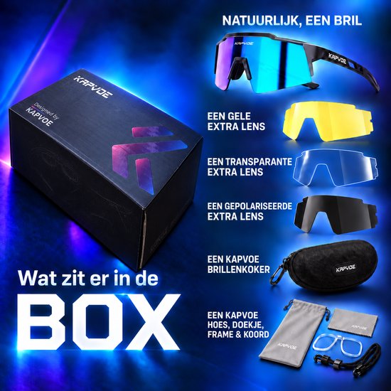 Kapvoe doos met sportbril, blauwe lens, gele, transparante en gepolariseerde lenzen, brillenkoker, doekje.