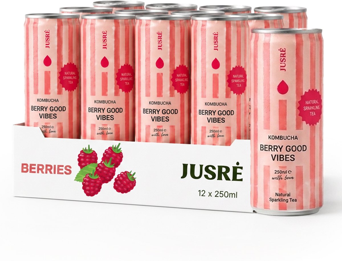 JusRé Kombucha Aardbei & Framboos, Natuurlijk Bruisend, Geen Toegevoegde Suikers (12 x 25cl)