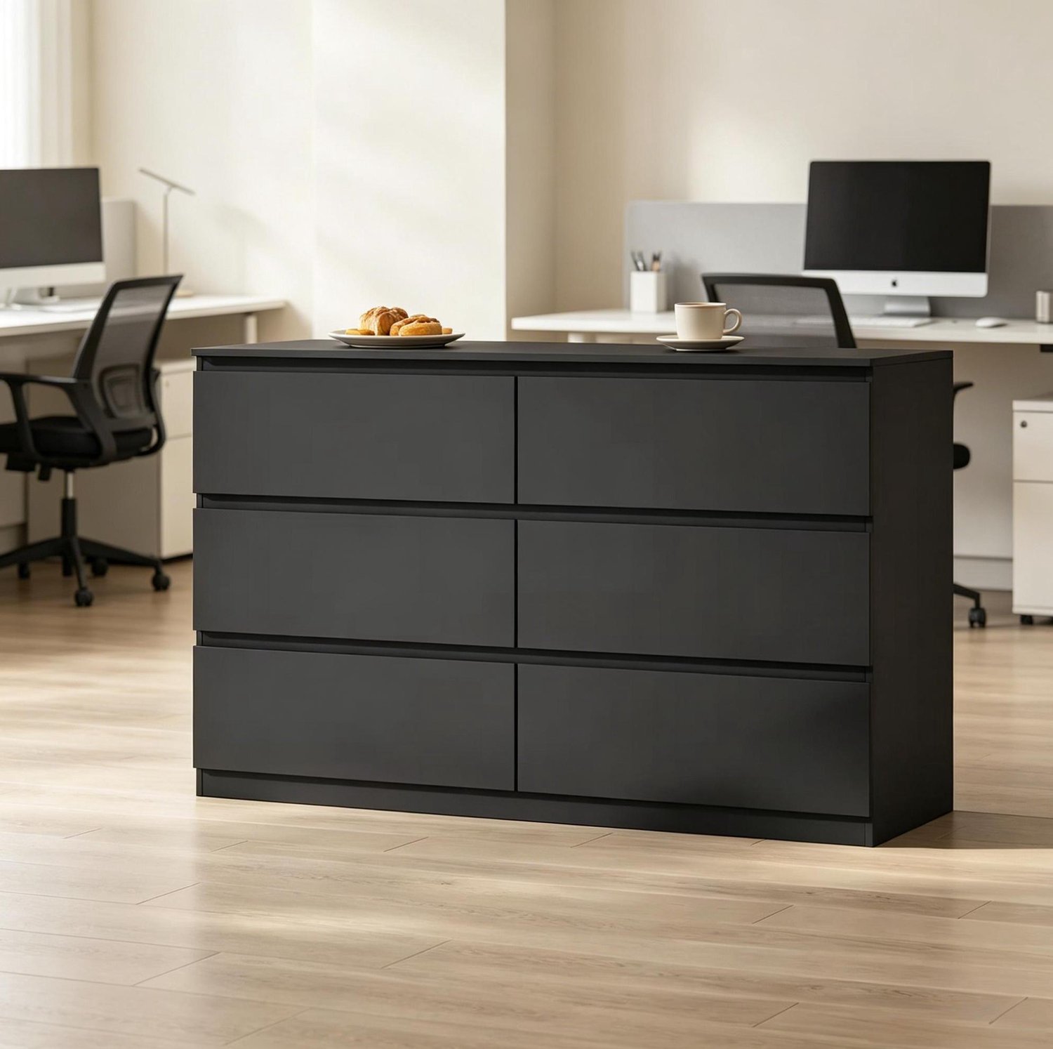 MODENUIT Ladekast - 6 Greeploze Lades - Voor Woonkamer en Slaapkamer - Zwart Bewerkt Hout - 120x40x75 Cm