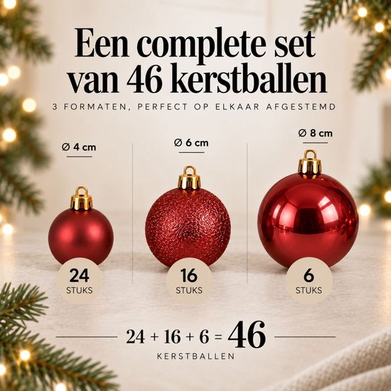 46-delige set rode kerstballen: 24 van 4 cm, 16 van 6 cm en 6 van 8 cm.